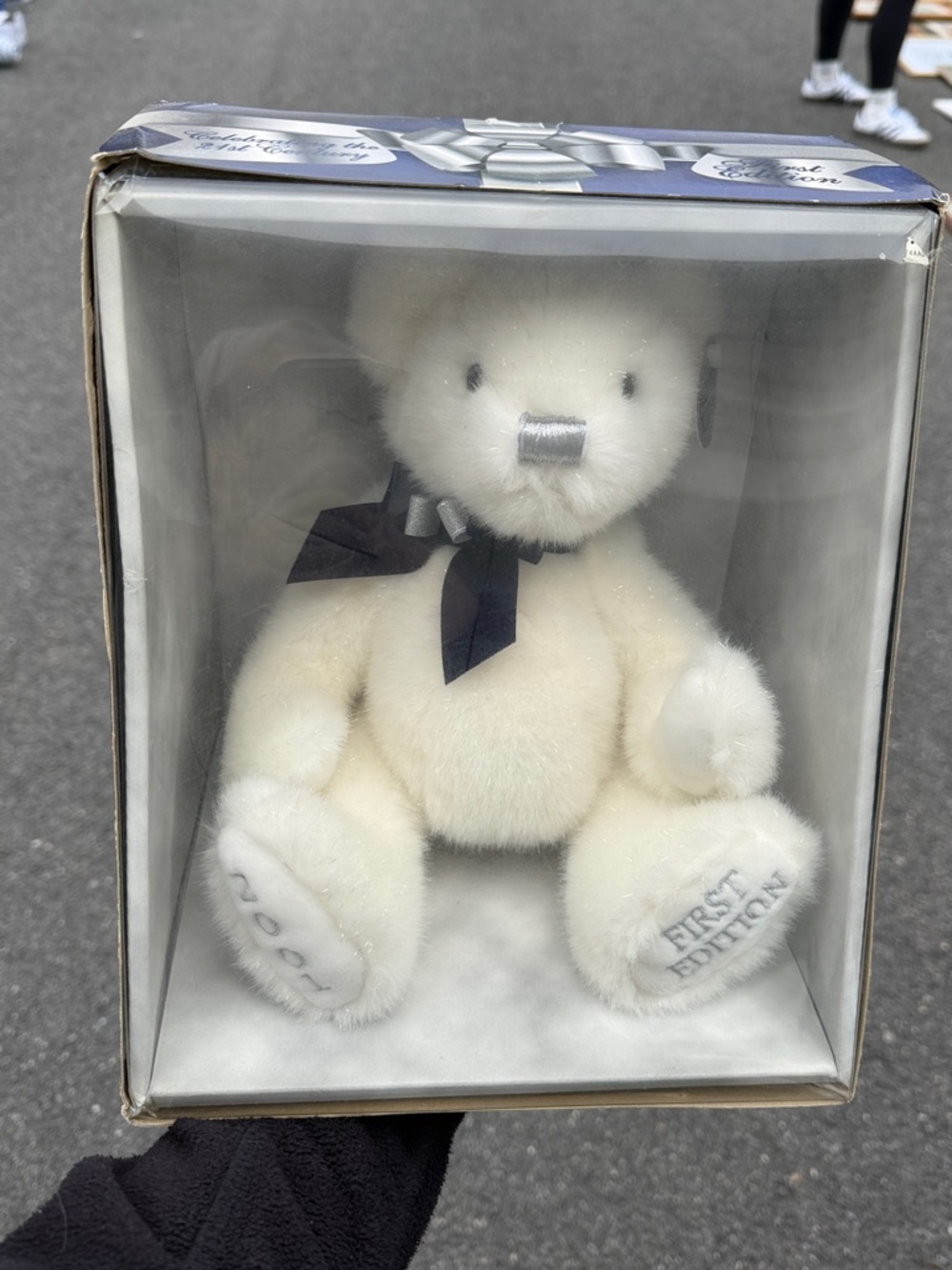 White Plush Teddy Bear with Navy Bow - First Edition